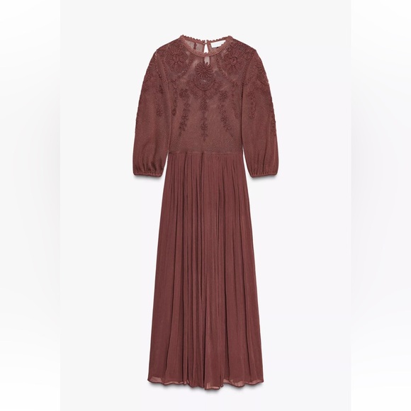 Zara Dresses & Skirts - Zara Maroon Midi Dress with Embroidery